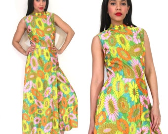 Vintage 60s 70s Psychedelic Floral Maxi Dress Palazzo Jumpsuit Hippie Festival