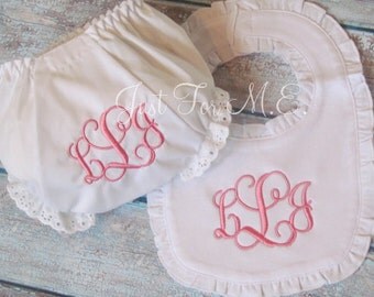 Personalized Girl Monogrammed Baby Bloomers and Bib, Great Baby Gift FREE MONOGRAM
