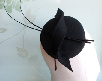 Black Pillbox Hat - Pillbox Hat, Perch Hat, Felt Hat, Race Hat, Wedding Hat, Formal Hat, Pill box hat, Vintage