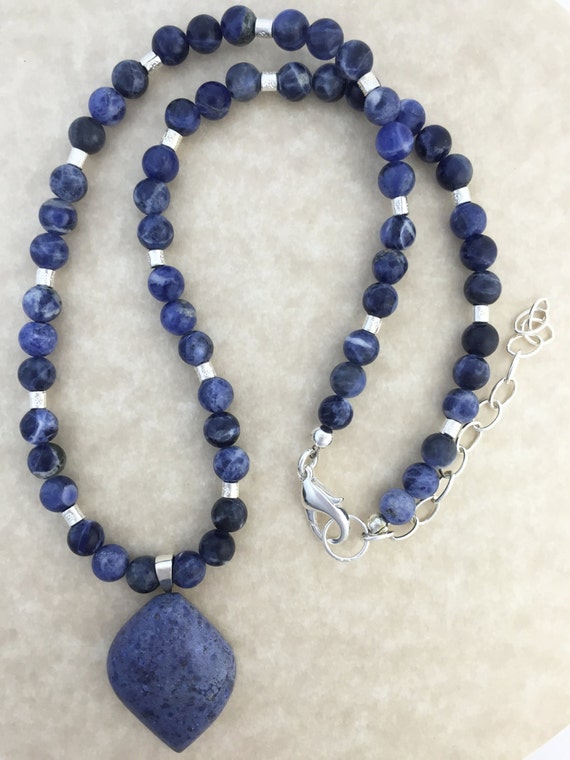Denim Lapis Pendant Necklace on Beaded Strand of Blue Sodalite