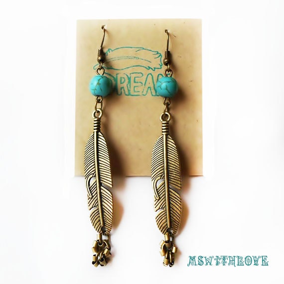 Bronze feather earrings turquoise bohemian earrings bronze