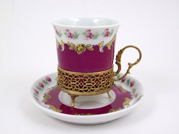 Decorated Vintage Tea Cup Holder Footed Metal  demitasse cup w/ Demitasse  Hand vintage  Cup