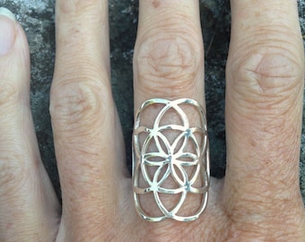 Sterling Silver Seed of Life Ring, Sacred G Geometry Flower of Life Full Power Jewelry - R304