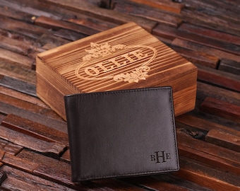 Personalized Monogrammed Engraved Genuine Leather Bifold Mens Wallet with Optional Wood Gift Box Groomsmen, Best Man, Father's Day Gift