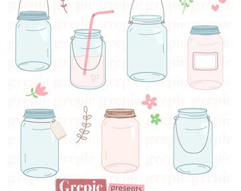 Mason jar clip art: "Mason jars" clipart pack, rustic wedding clipart, summer, spring, pink, blue, hanging jar, label, tag, digital images