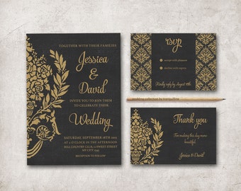 Black and Gold Wedding Invitation Printable, Wedding Invitation Suite, Damask Wedding Invite, Gold Black Art Deco Wedding Invitation