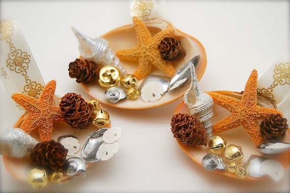 3 Natural Clam Shell, Sand Dollar, and Star Fish Ornament, Beach Ornaments, Christmas Ornaments