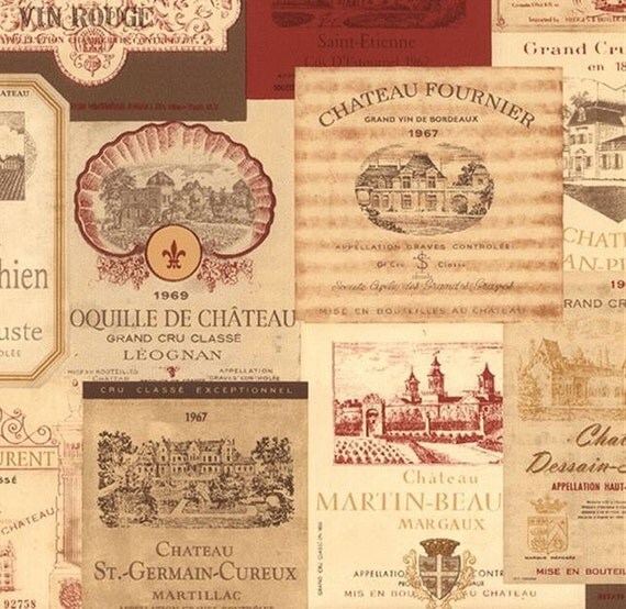 Red Wine Bottle Stamps - Chateau, labels, Vineyard, French - Beige, Red, Cream, Brown, Signs, Script - Wallpaper By The Yard - KK26754 so ab