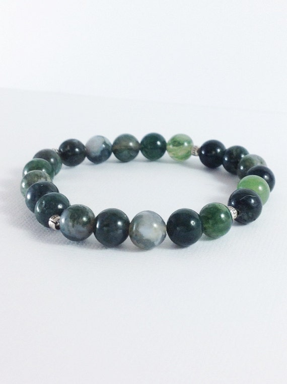 Green Beaded Bracelet Moss Agate Stretch Bracelet by GemsByKelley