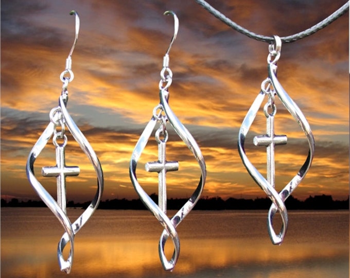 Silver Twist Cross Earring Necklace Pendant Set Women Girls Drop Dangle Christian Jewelry - Saint Michaels Jewelry