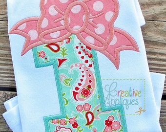 Bow Number 1 One First Birthday Applique Digital Machine Embroidery Design 4 Sizes, first birthday applique, 1st birthday applique, 1 bow