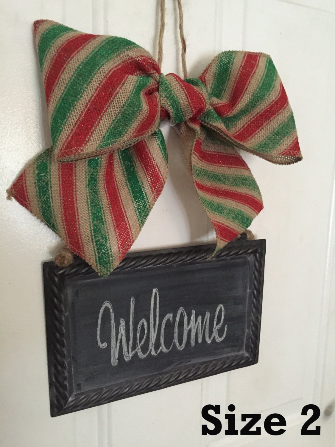 Christmas Wreath Alternative - Metal Hanging CHALKBOARD Sign Holiday Burlap Bow Decor - Write your own message - Happy Holidays Decoration