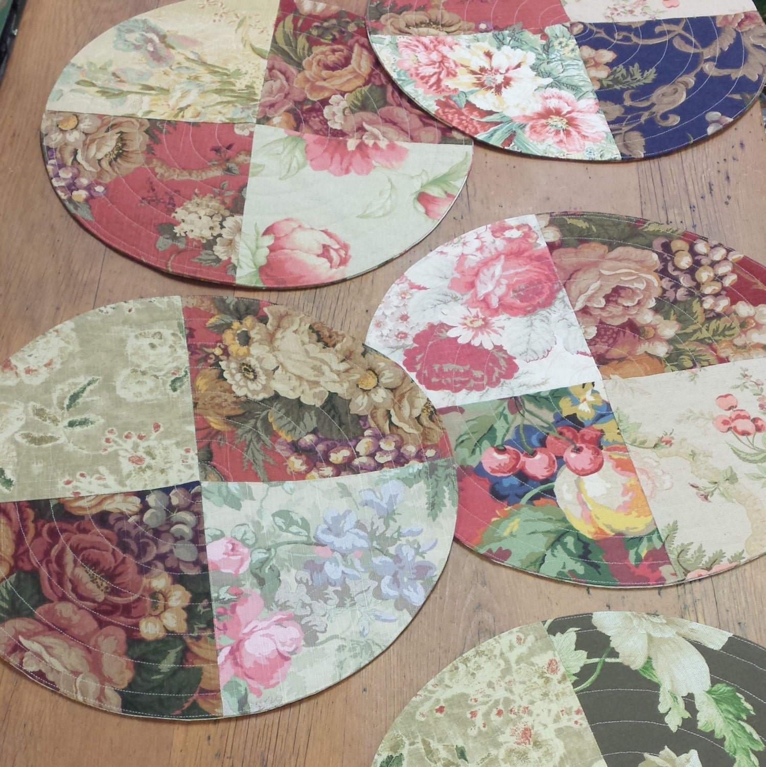 4 Mismatched Round Quilted Placemats floral patchwork red