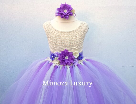 Cream Lavender Flower girl dress, tutu dress bridesmaid dress, princess dress, crochet top tulle dress, knit top tutu dress lavender lilac