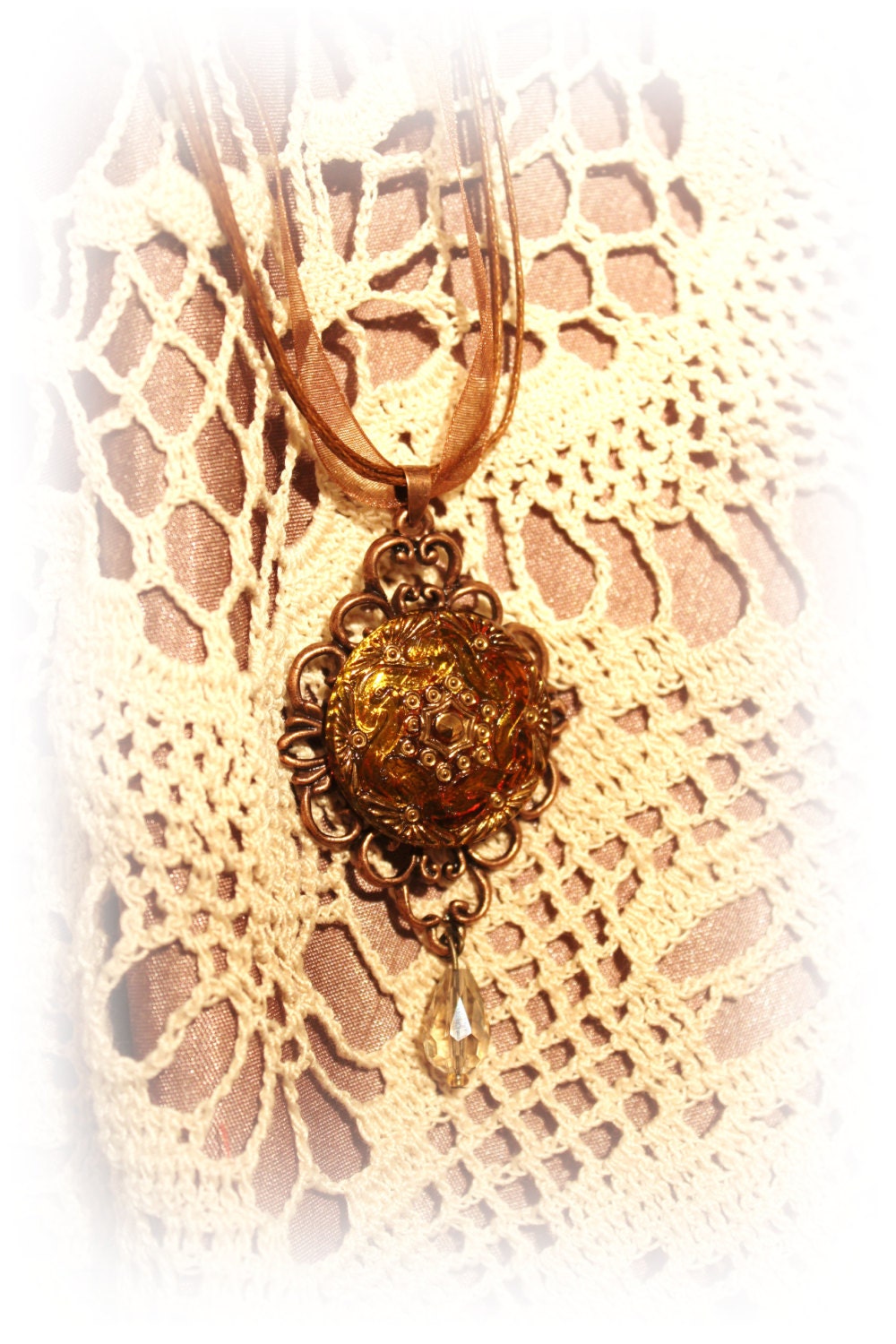 Czech Glass Button Pendant Necklace - Gold on Rose Gold with a teardrop dangle bead - Victorian Steampunk Taffeta Cord Jewelry