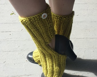 Yellow Steampunk Victorian Spats // Hand-Knitted Legwarmers with Button