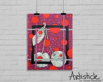 Cherry Art Print - Modern Kitchen Art - Fruit Drawing - Cherries Artwork - Red Pink Art - Geometric Print - Stipple Drawing - Food Art