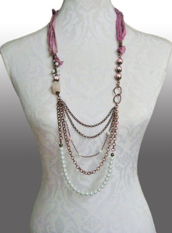Items similar to Pink silk sari ribbon necklace bohemian boho necklace ...