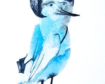 Gift for her, bird art, original drawing, blue bird with a black bag, lady bird