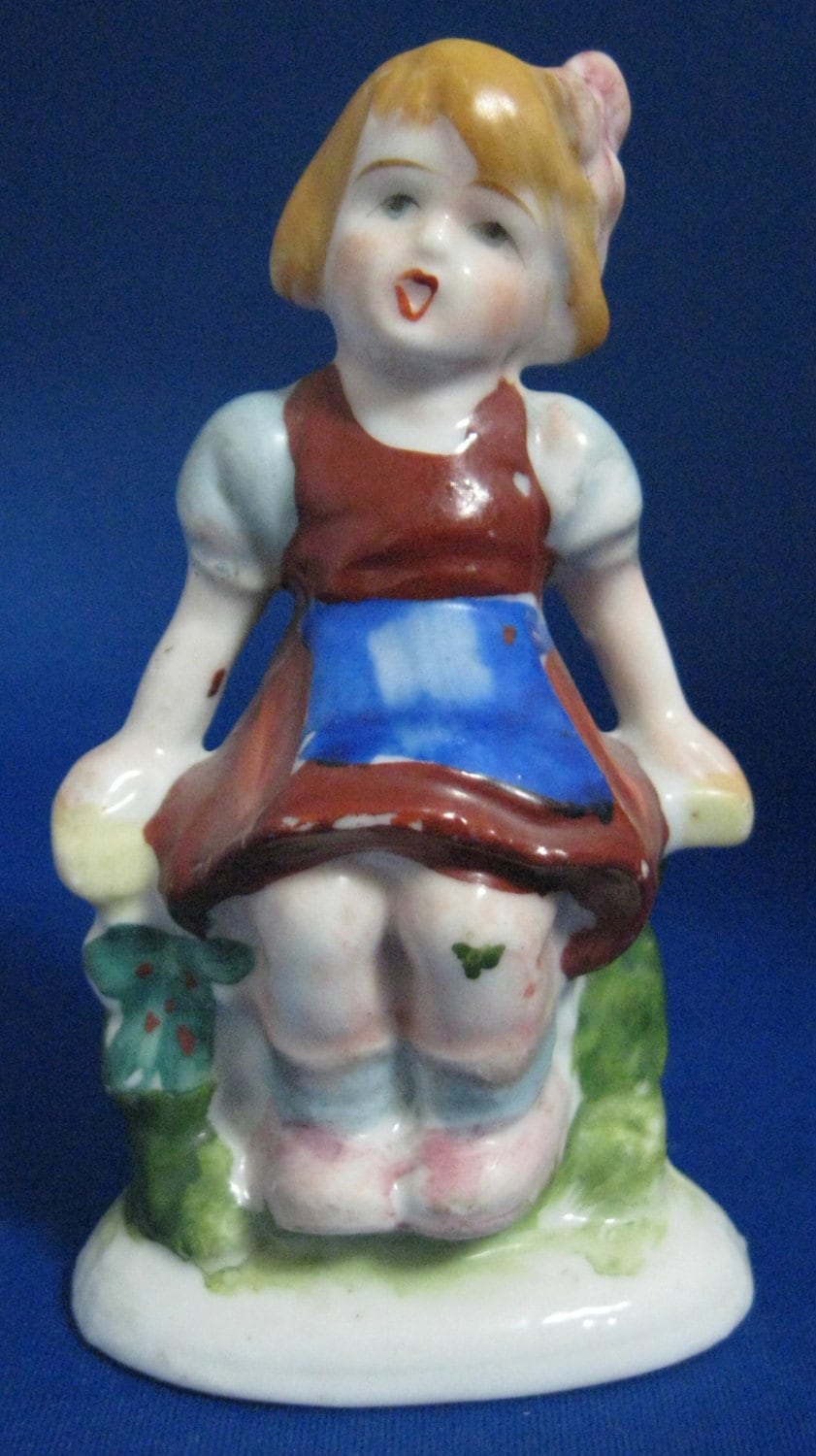 Figurine Occupied Japan Girl Singing on Bench Ceramic  Hand