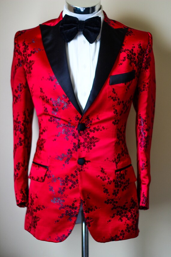 box select size form Black Floral Tuxedo Blazer Icon party, (wedding, Printed evening & Red