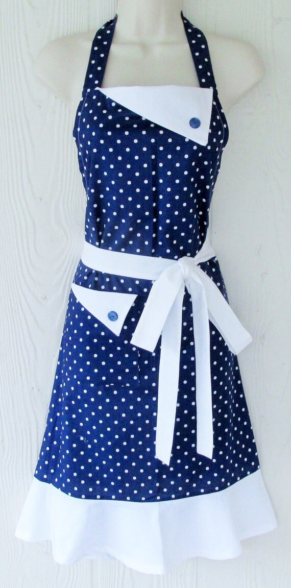 Retro Style Polka Dot Apron Polka Dot Full Apron Navy Blue