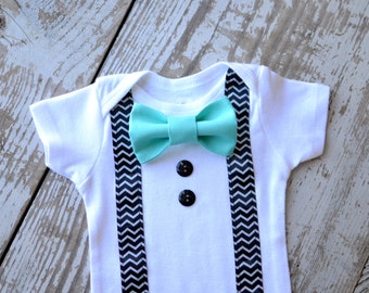 Baby Boy Clothes Infant Aqua Custom Bow Tie Suspenders Bowtie Chevron Suspender Cake Smash Tuxedo Bodysuit Onesie Boys Clothing Valentine's
