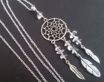 Quartz Dreamcatcher Necklace, Dream Catcher Necklace, Clear Quartz Necklace, Tribal Jewelry , Primitive Jewelry , Handmade Jewelry , Gift