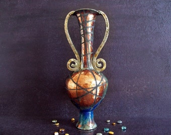 artistic amphora / vase raku pottery - cobalt blue and copper