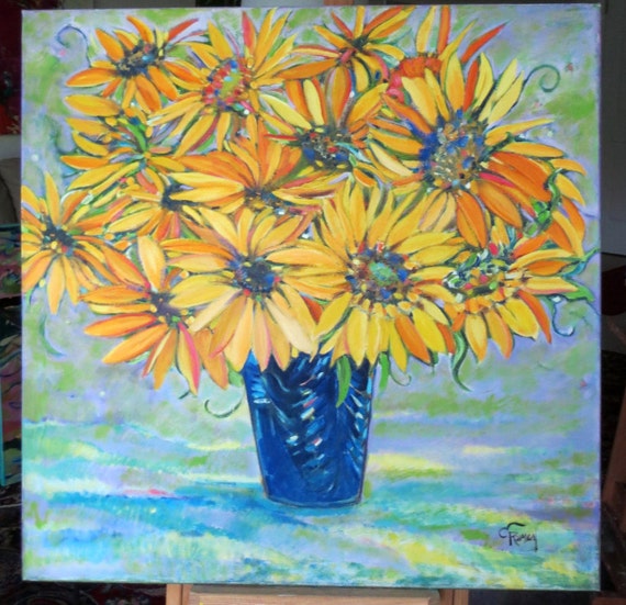 Sunflowers in blue vase original oil painting on by TheCateGallery