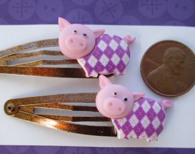 Pig barrettes-farm Animal hair clips-childrens clip on earrings-purple pig studs-young girls-little girls-cute toddler hair clips-snap clips