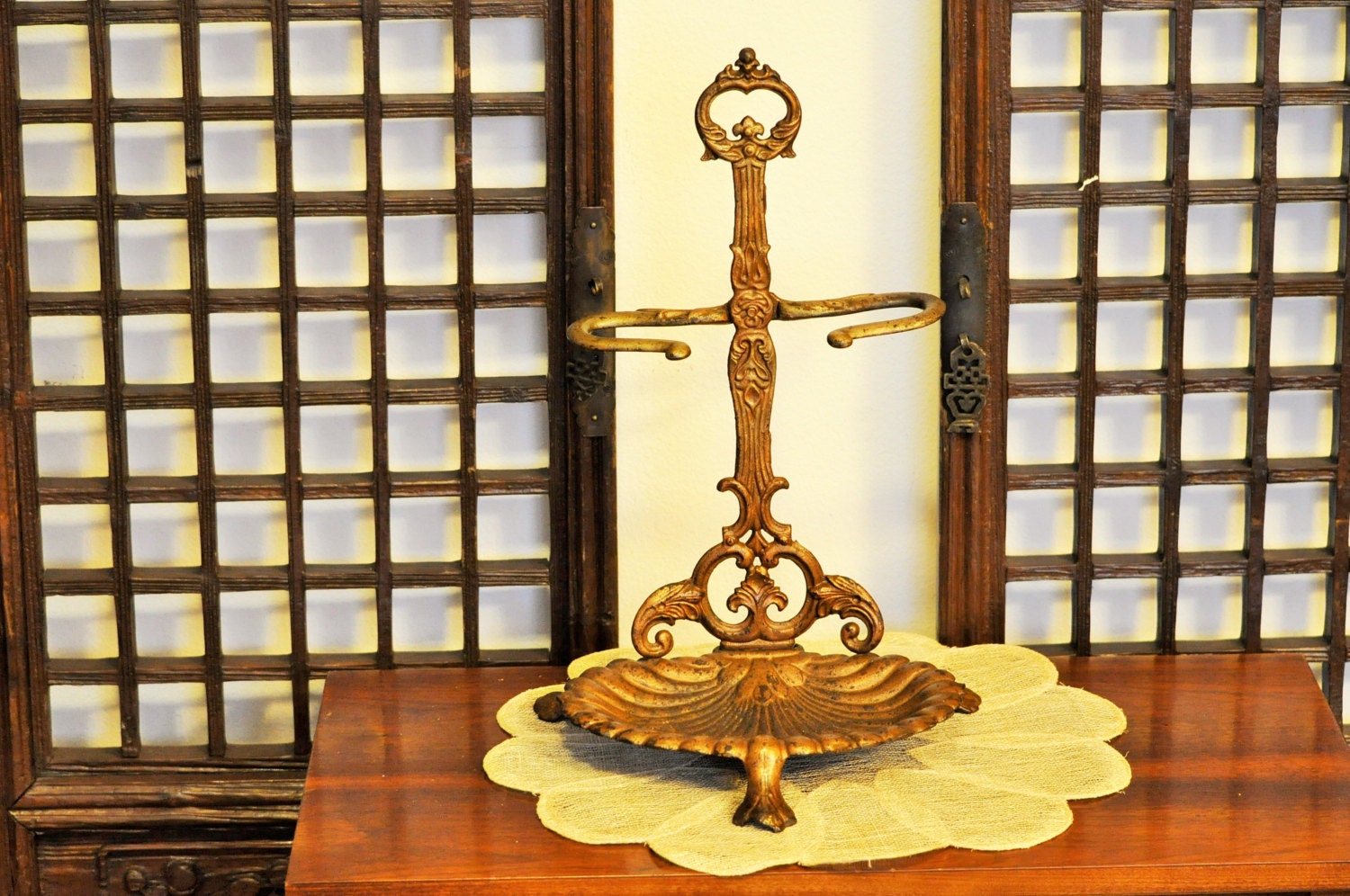 Antique Victorian, cast iron, fireplace tools stand. Elaborate design