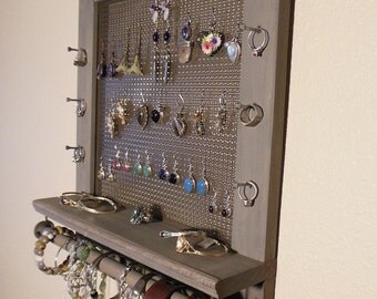 Weathered Gray Stained, Jewelry Organizer, Jewelry Holder, Wall Jewelry Organizer, Necklace Holder, Earring Organizer