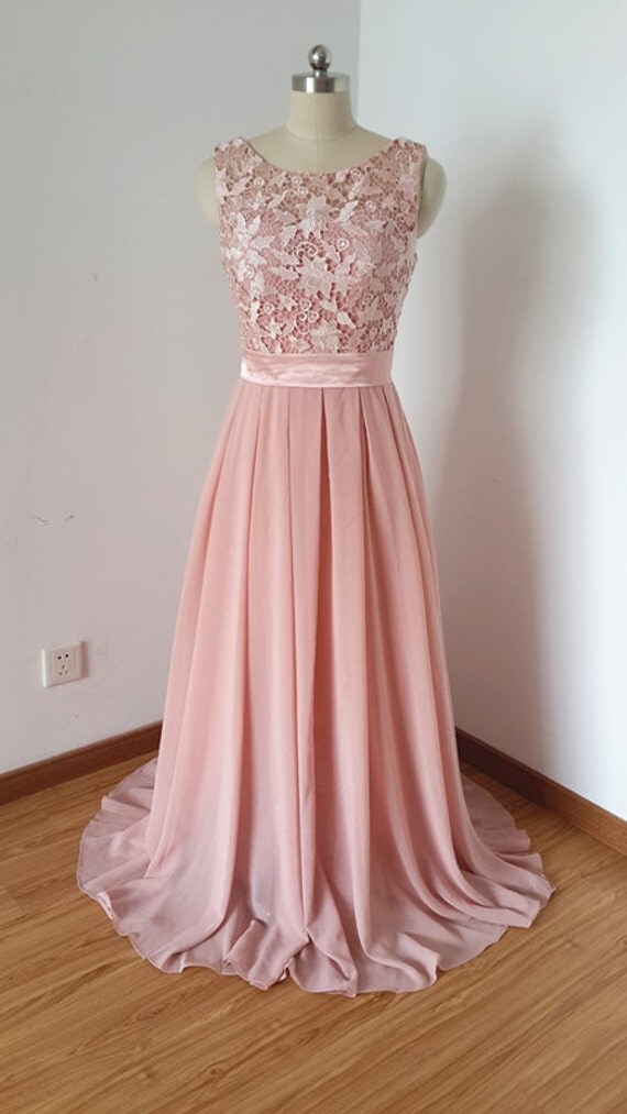 2019 Scoop Dusty Rose Lace Chiffon Long  Prom  Dress 