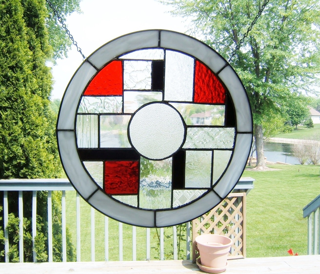 Black and white red round stained glass window panel by ...