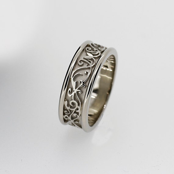 Wide white gold filigree wedding band men by TorkkeliJewellery