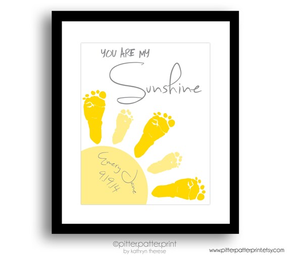 You Are My Sunshine Wall Art Print, Baby Footprint Sun, Gray & Yellow