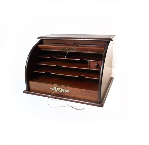 Wooden Desk Organizer with Sliding Tambour Door Drawer and Key