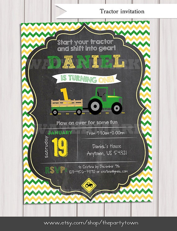 Tractor Birthday Invitation Chalkboard Invitation Farm Birthday Invitation green tractor Il_570xn