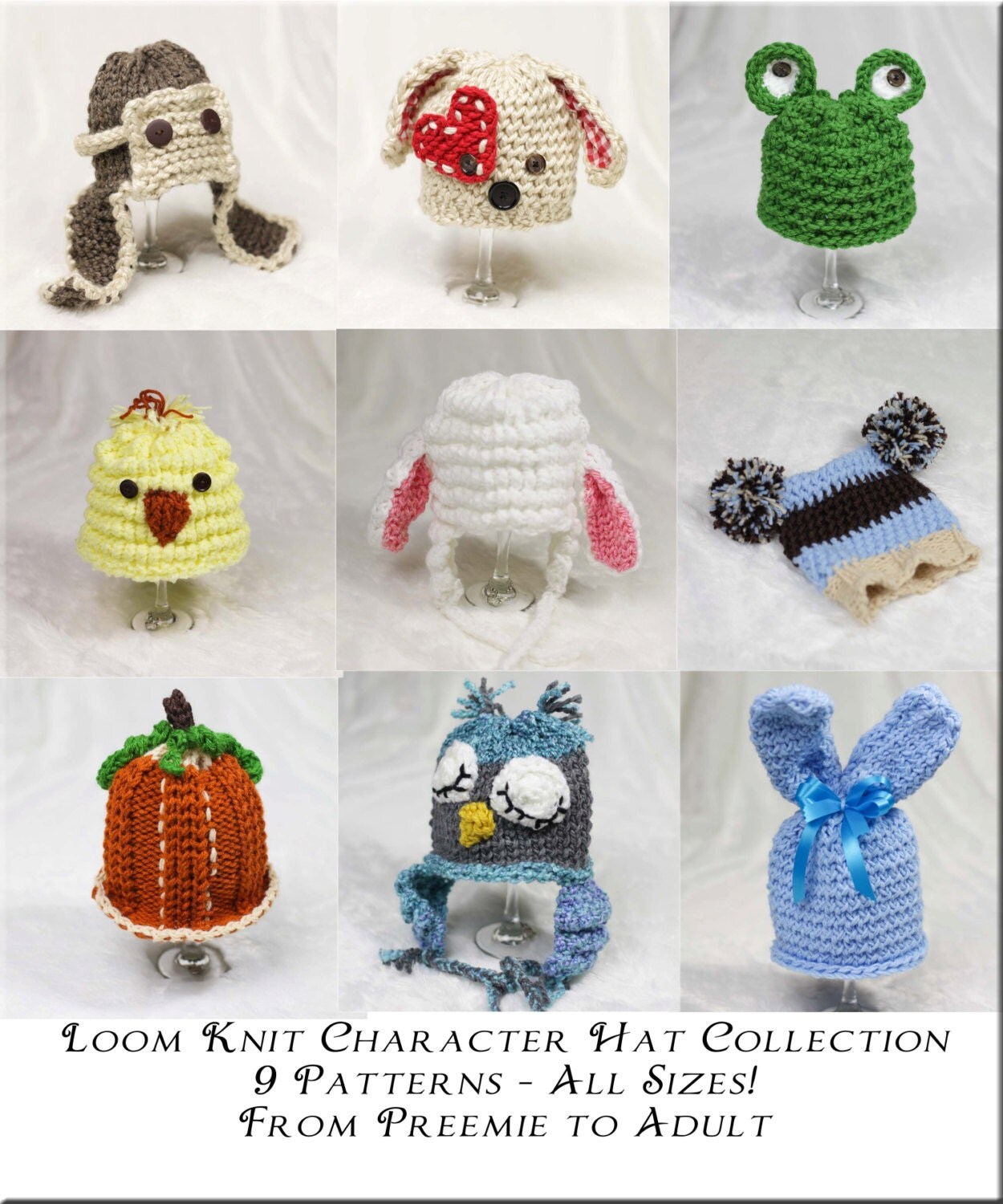 Loom Knit Character Hat PATTERN Collection 9 Adorable
