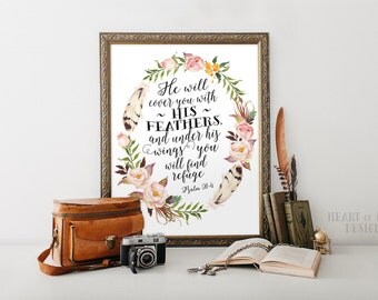 Printable art Scripture art print Psalm 91 4 Tribal Watercolor Flowers He will cover you with His feathers Wings HEART OF LIFE Design