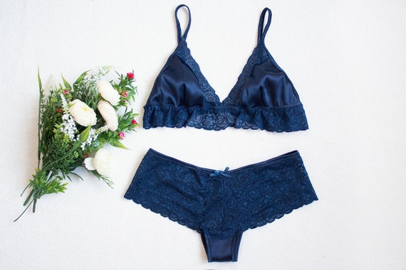 Sale Navy Blue Satin And Lace Lingerie Set With Soft Bra And