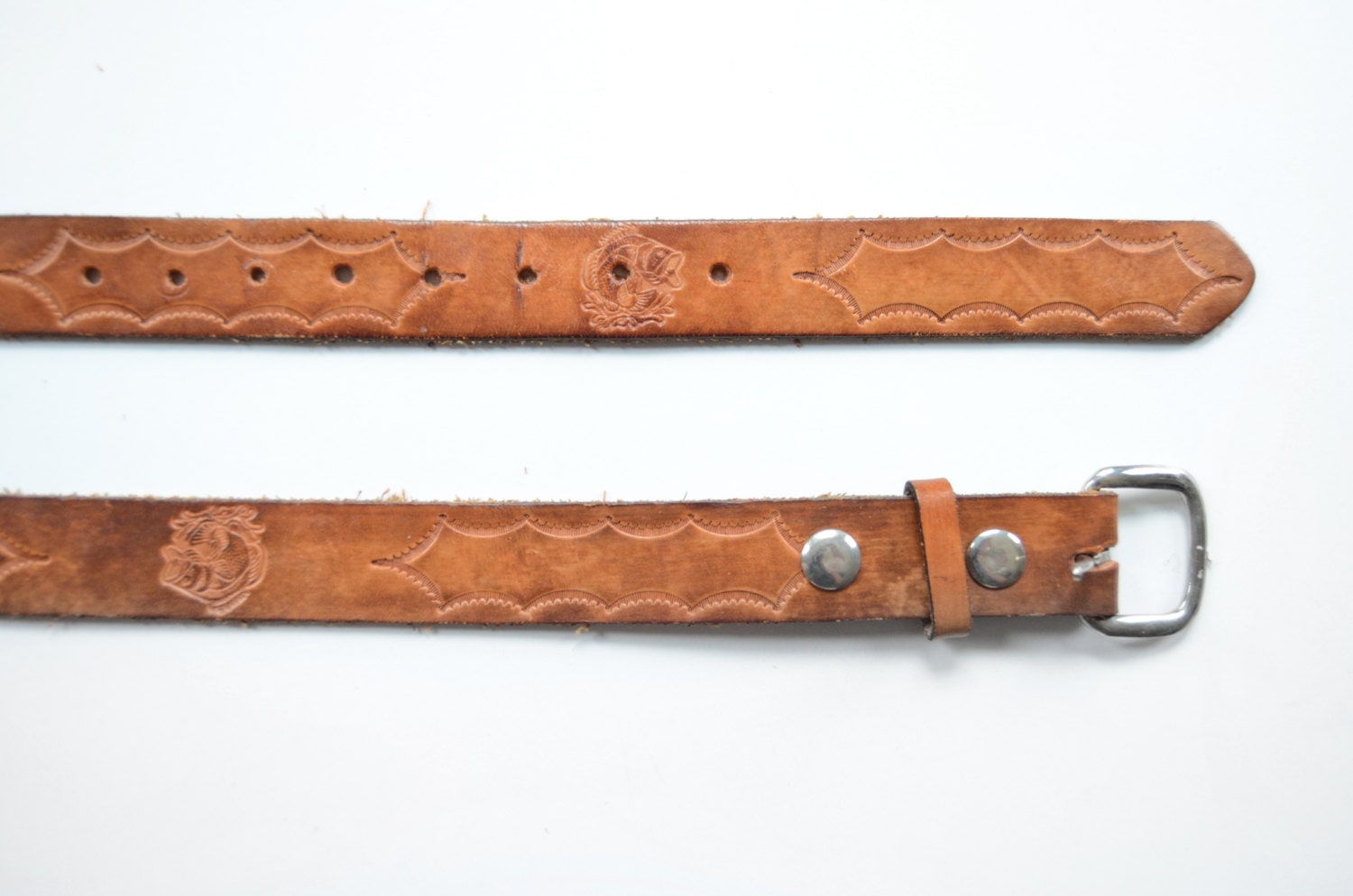 Vintage Fish Tooled Leather Belt 37 43