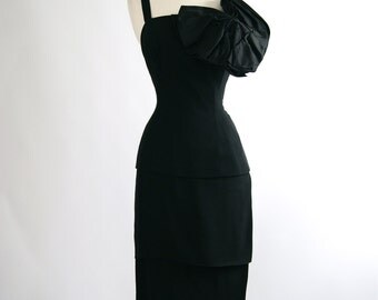 Vintage 1950's Wiggle Dress ~ 50s Little Black Dress in Inky Black ...