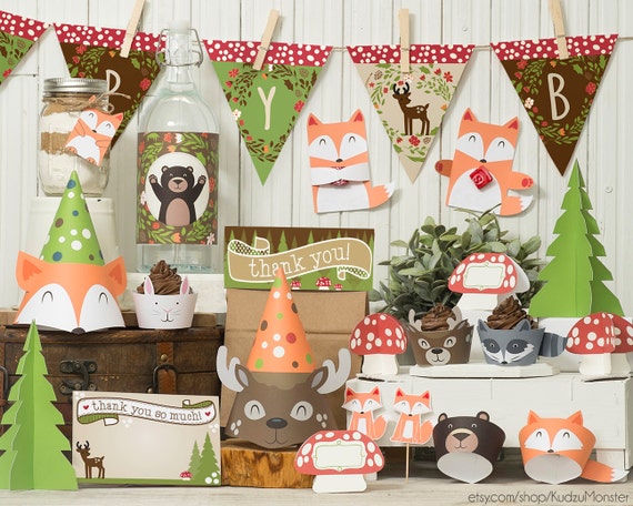 Woodland Party printable decor kit fox baby deer raccoon bear bunny Forest animals cupcake wrappers banner favors DIY baby shower birthday