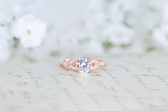 Rose Gold Engagement Ring - Art Deco Ring - Vintage Wedding Ring - Antique Ring - Cubic Zirconia Ring - CZ Solitaire Ring - Round Cut Ring