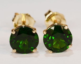 Chrome Diopside Earrings~14 KT Yellow Gold~6MM~ Round Cut~Genuine Natural Mined