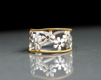 Bicolor Flower Ring. Sterling ring with gold plated trim. Adjustable. Romantic jewelry for her.
