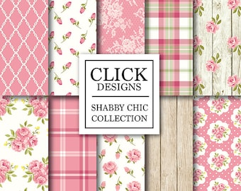 Shabby Chic Digital Paper: "SHABBY CHIC PINK" Floral scrapbook background, romantic papers with roses, plaid, wood, lace for invitations