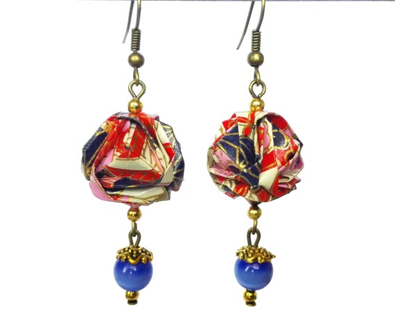 earrings,   Blue Mini kusudama, kusudama  brocade, Paper jewelry, origami Japanese japanese Origami